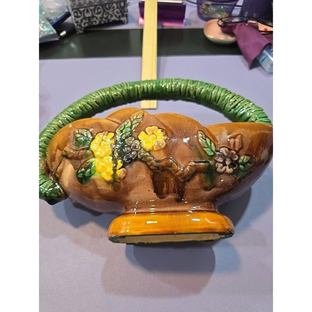 Vintage Twig Handle Handled Basket Planter With Flowers